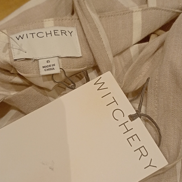 WITCHERY Linen blend Neutral Beige White Stripe Button Midi Dress NWT RRP$160 - Picture 15 of 16